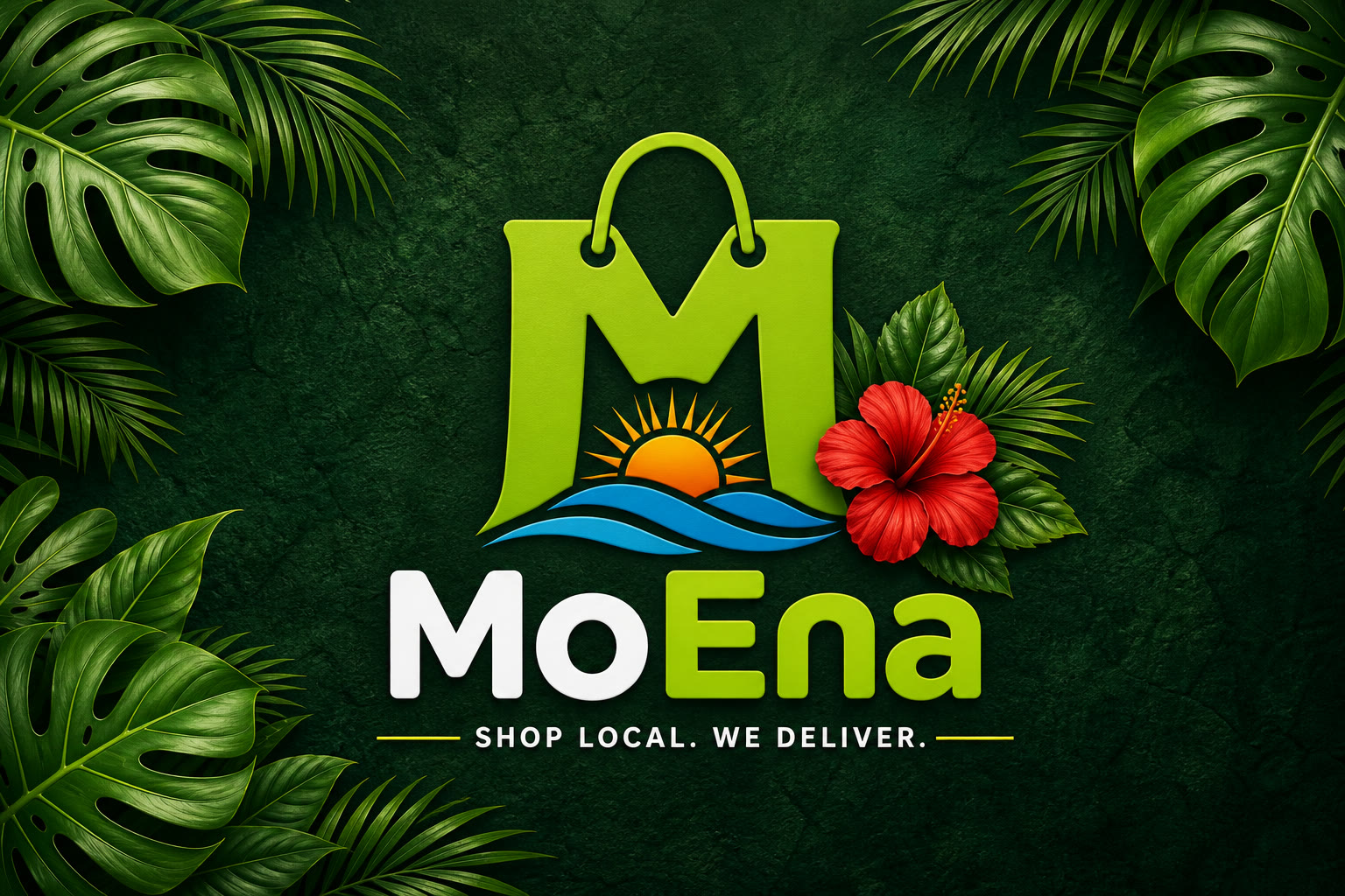 MoEna welcome artwork: tropical Mauritian leaves around the shopping-bag logo, hibiscus flower, and the line Shop Local. We Deliver.